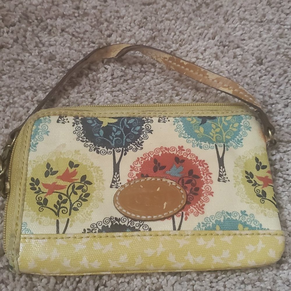 Fossil colorful wristlet purse handbag birds trees reds blues